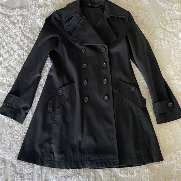 Theory Alexia Black Cotton Double Breasted Trench Coat Size M $565 - Picture 1 of 14